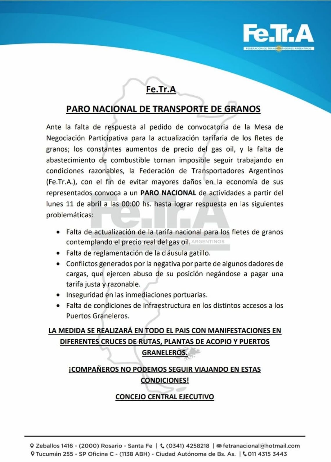 Transportistas de granos van paro por la falta de gasoil.