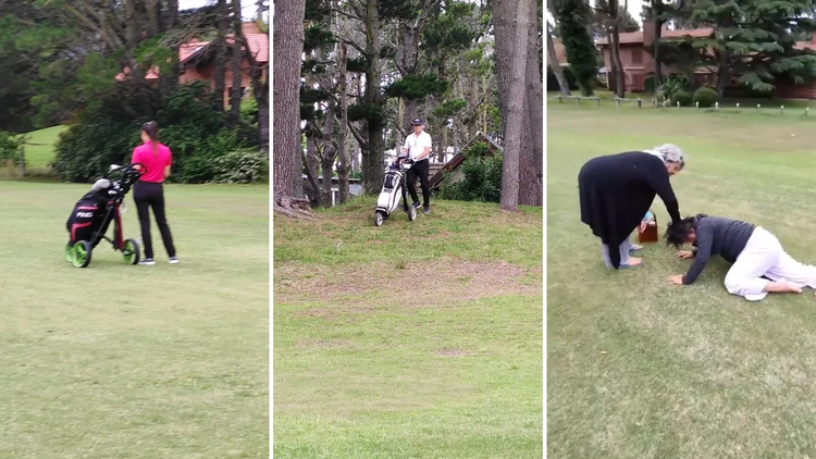 La víctima cayó al piso tras ser golpeada con el palo de golf. La agresora y su pareja se alejaron rápido del campo deportivo.