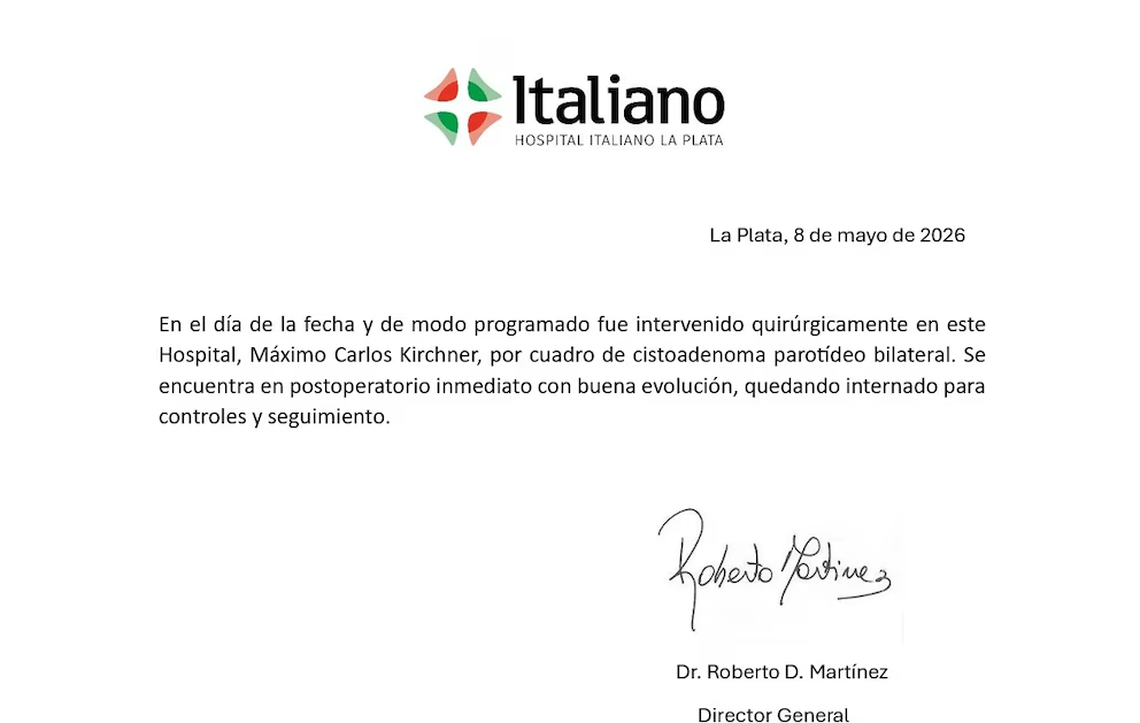 Parte oficial de la salud de Máximo Kirchner. 