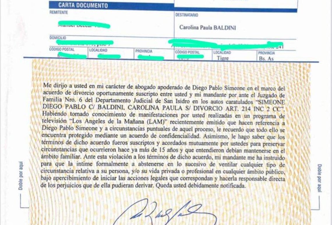 La carta documento que Simeone le envió a su ex