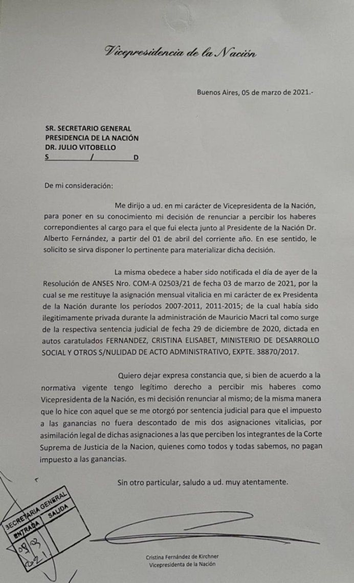 Cristina Kirchner: la carta a Julio Vitobello. 