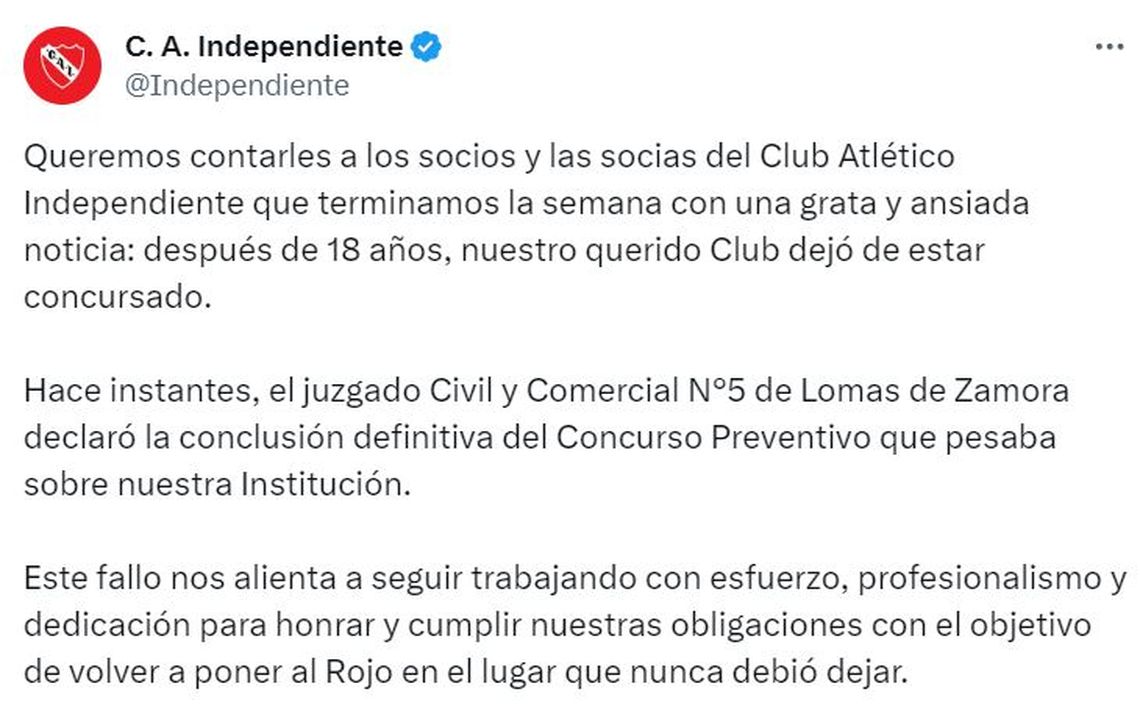 Después de 18 años, Independiente levantó la convocatoria de acreedores, Todas las Ultimas Noticias de Independiente