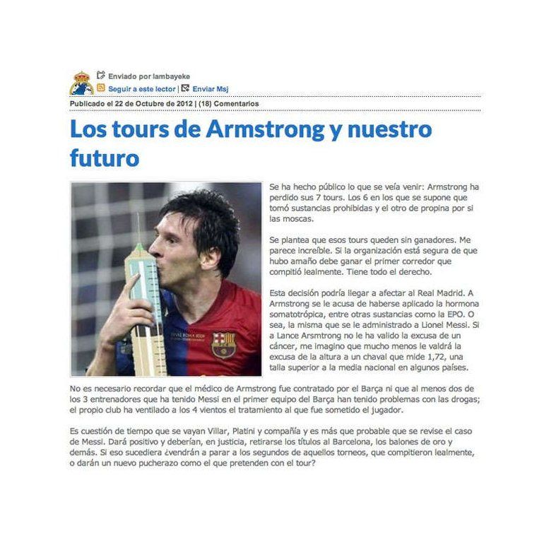 Polémica acusación a Messi por “doping” en un sitio web de Real Madrid