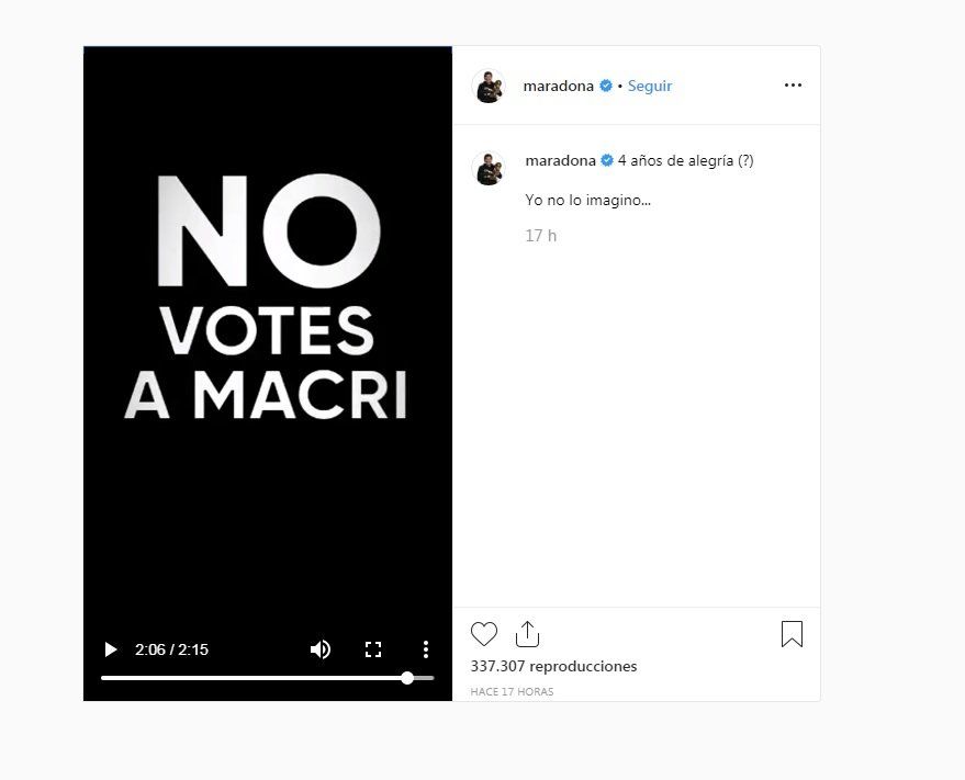 Diego Maradona publicó un video en Instagram pidiendo que no voten a Macri