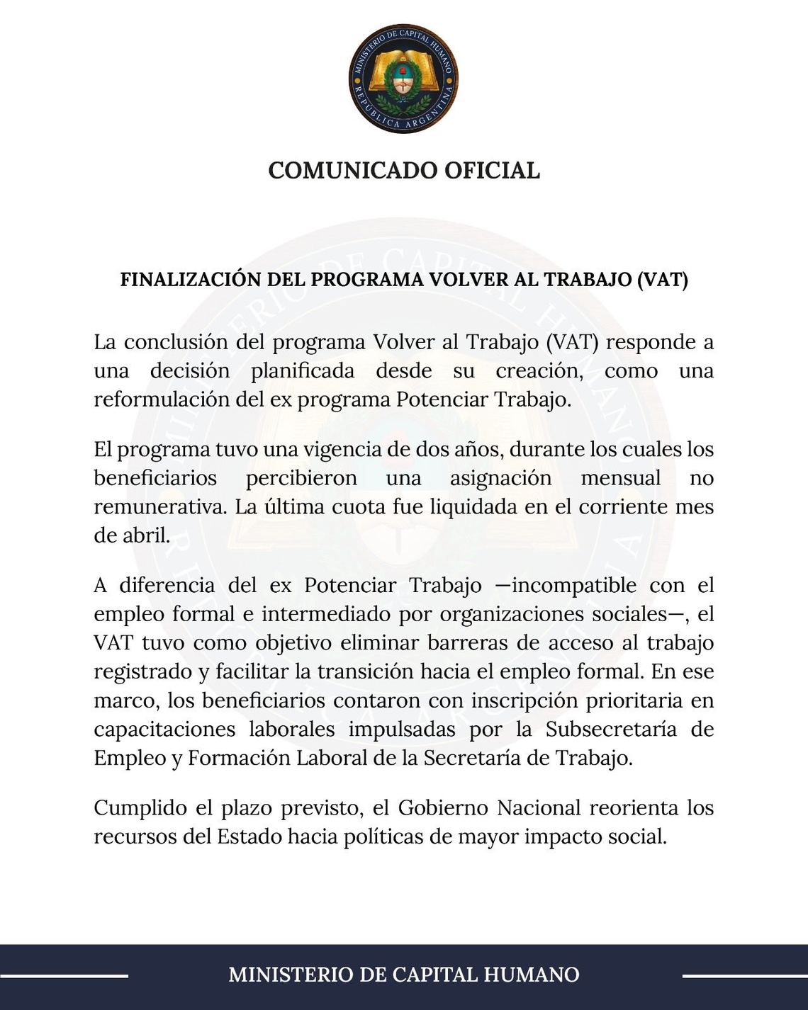 Comunicado de Capital Humano. Comunicado de Capital Humano.