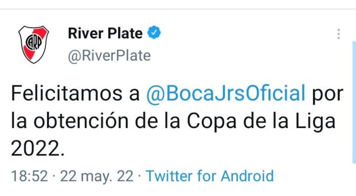 El tweet de River por la coronación de Boca.