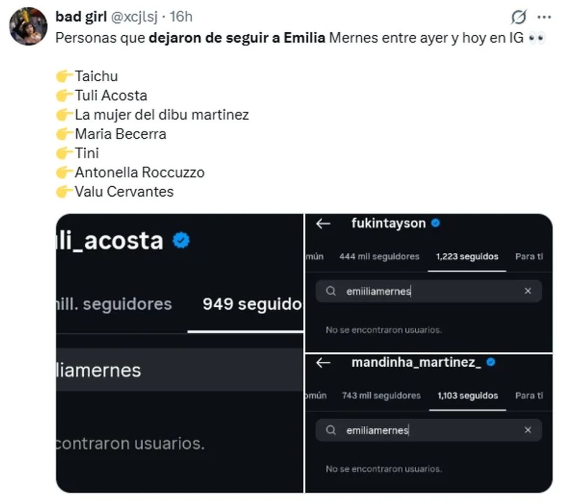 Un post de X que detalla los últimos unfollows a Emilia Mernes.