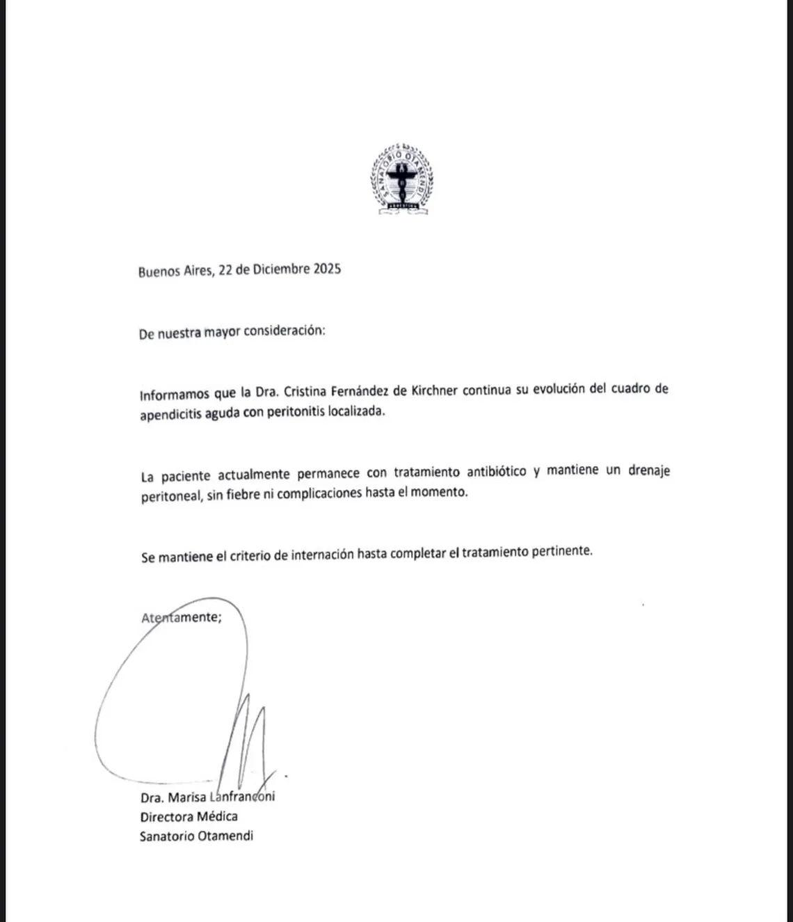 El nuevo parte médico sobre la salud de Cristina Kirchner difundido por el Sanatorio Otamendi.