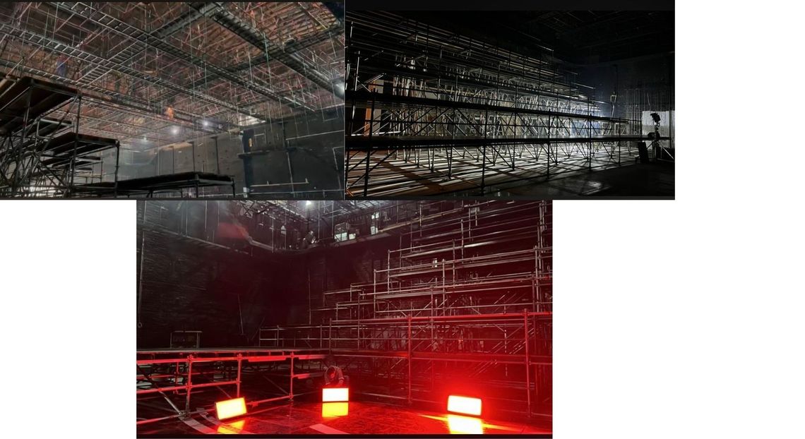 Modificaciones en la parrilla de luces (foto 1), armado del sector para los cien jurados (foto 2) vista del sector jurados desde el escenario, con luces (foto 3). MATERIAL EXCLUSIVO de DIARIO POPULAR.