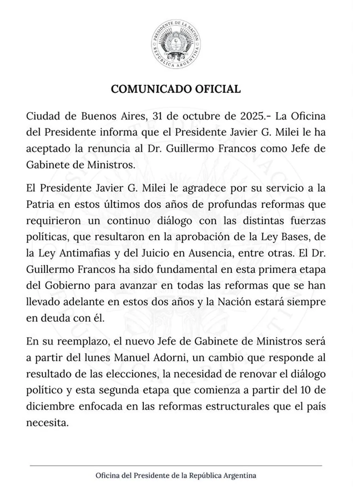 El comunicado de la Oficina del Presidente sobre la renuncia de Francos y la designación de Adorni como jefe de Gabinete.