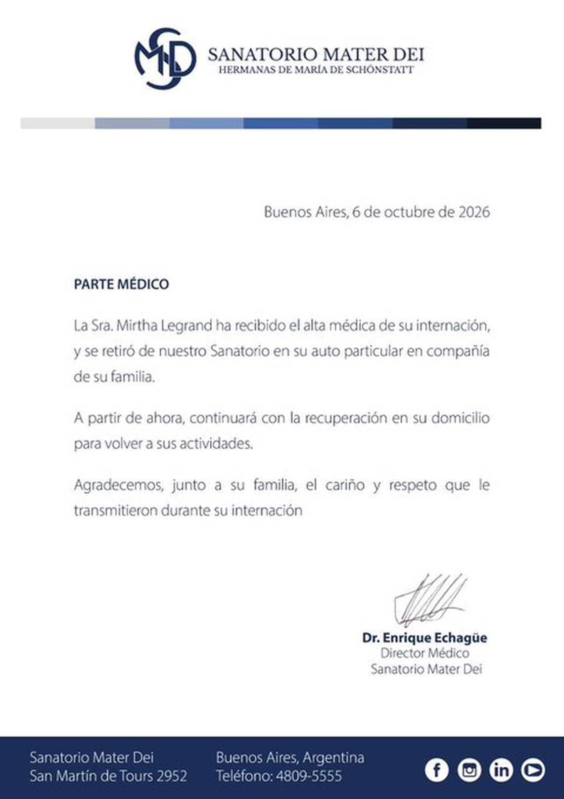 El parte médico de Mirtha Legrand. 