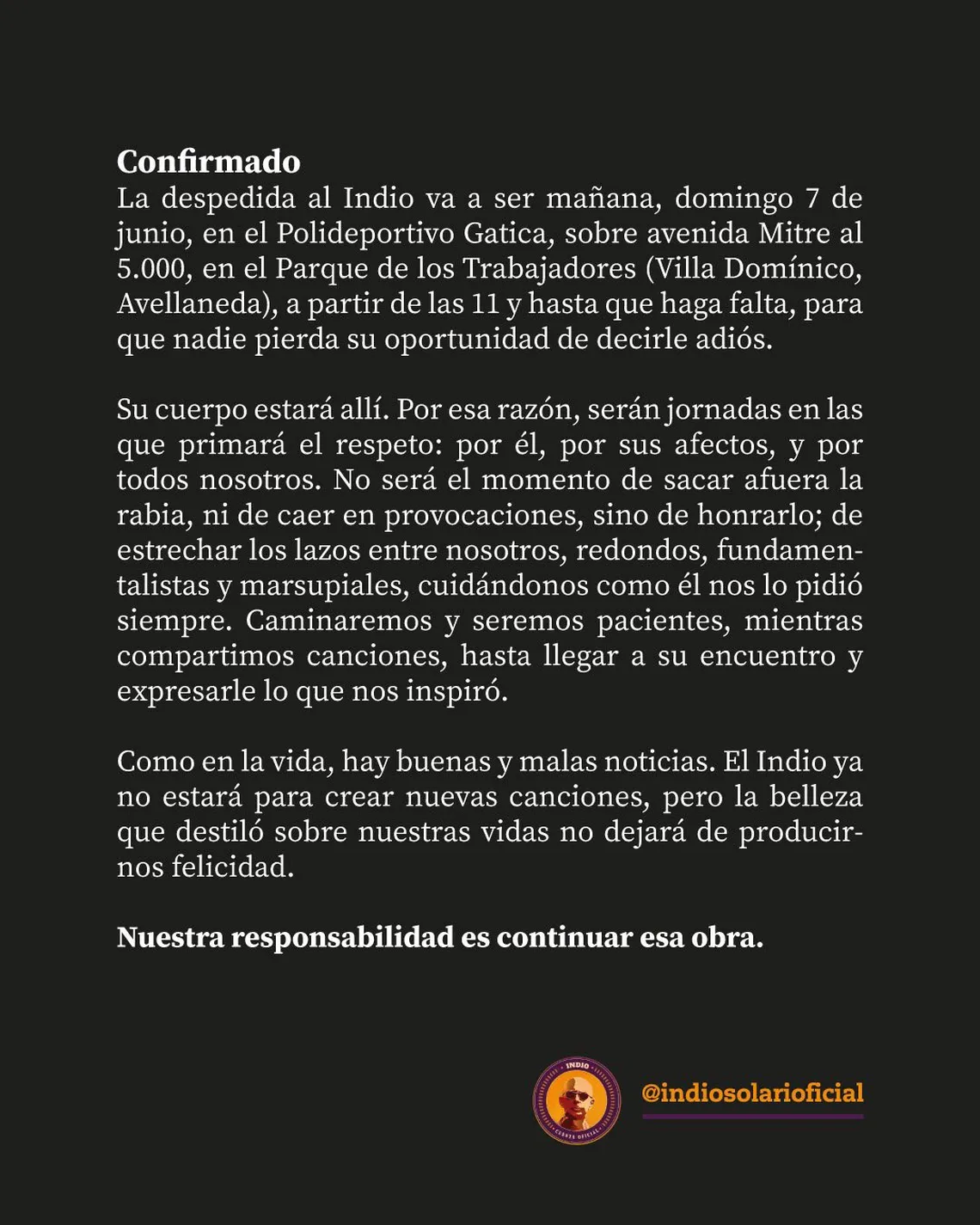 El comunicado oficial de la familia del Indio Solari.