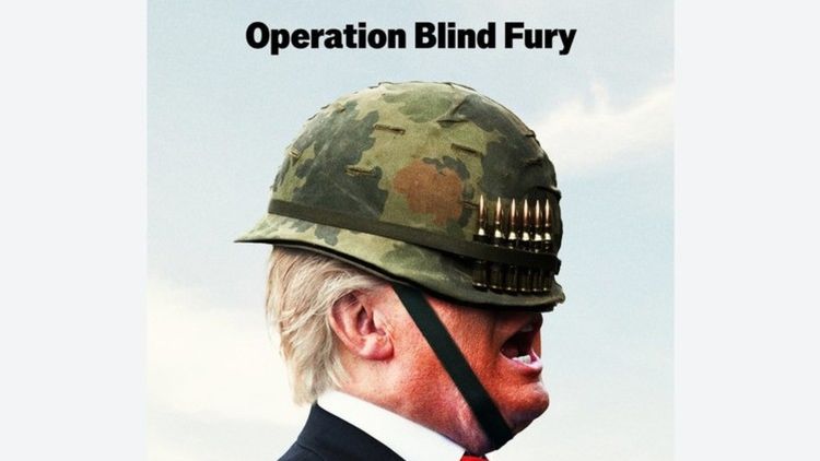Donald Trump aparece con un casco militar al revés, en una metáfora sobre su conducción del conflicto.