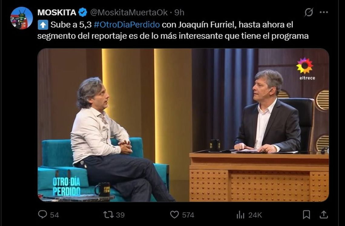 Joaquín Furriel fue el entrevistado que reemplazó a Cris Morena en Otro día perdido, en El 13. 