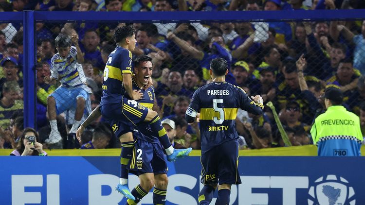 El festejo de Di Lollo, que marcó su primer gol internacional con Boca (Foto: @Libertadores).