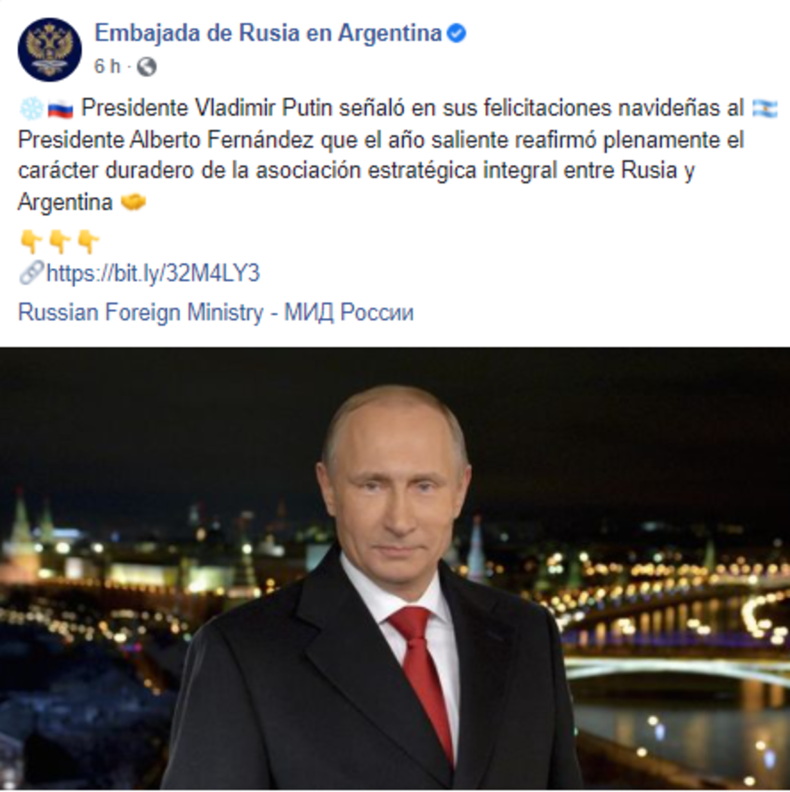 La salutación de Putin a Fernández fue destacada por la Embajada de Rusia en Buenos Aires.