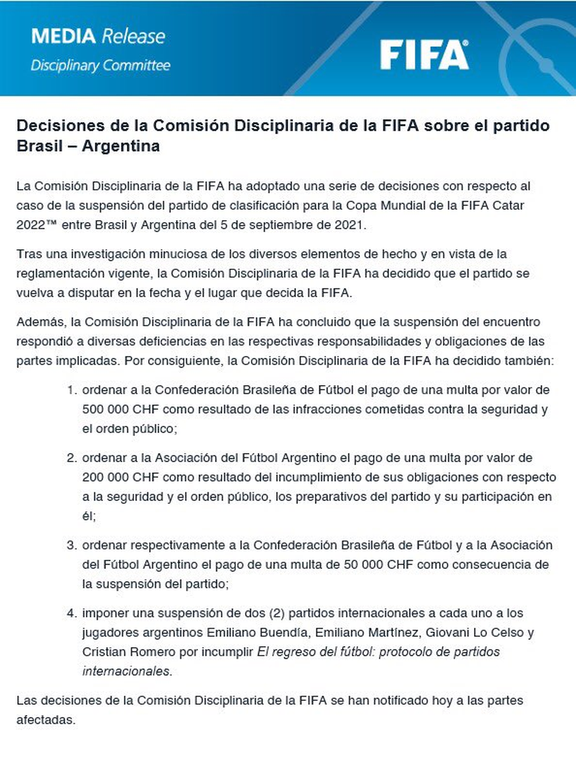 El comunicado de FIFA