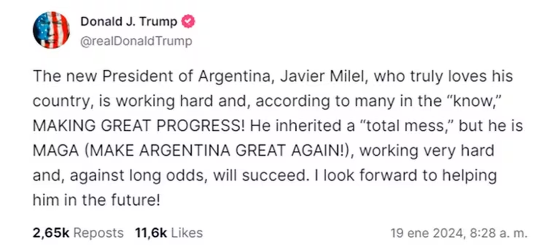 El mensaje de Donald Trump y Javier Milei. 