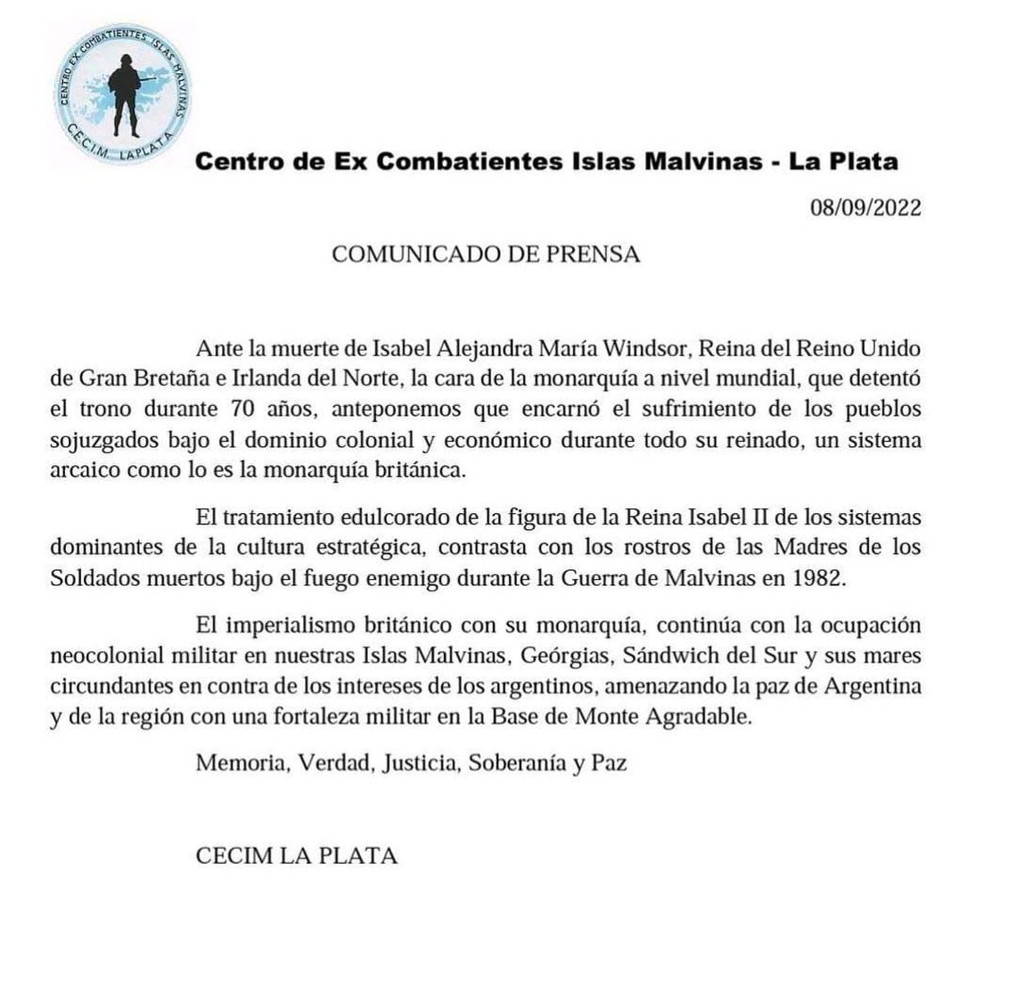 El comunicado del Centro de ex Combatientes Islas Malvinas (Cecim).