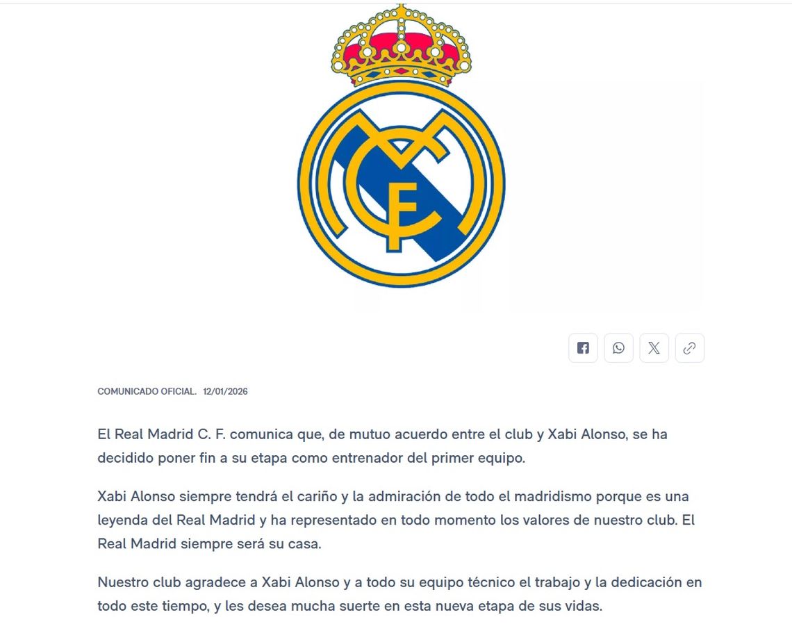 El comunicado del Real Madrid sobre la salida de Xabi Alonso. El comunicado del Real Madrid sobre la salida de Xabi Alonso.