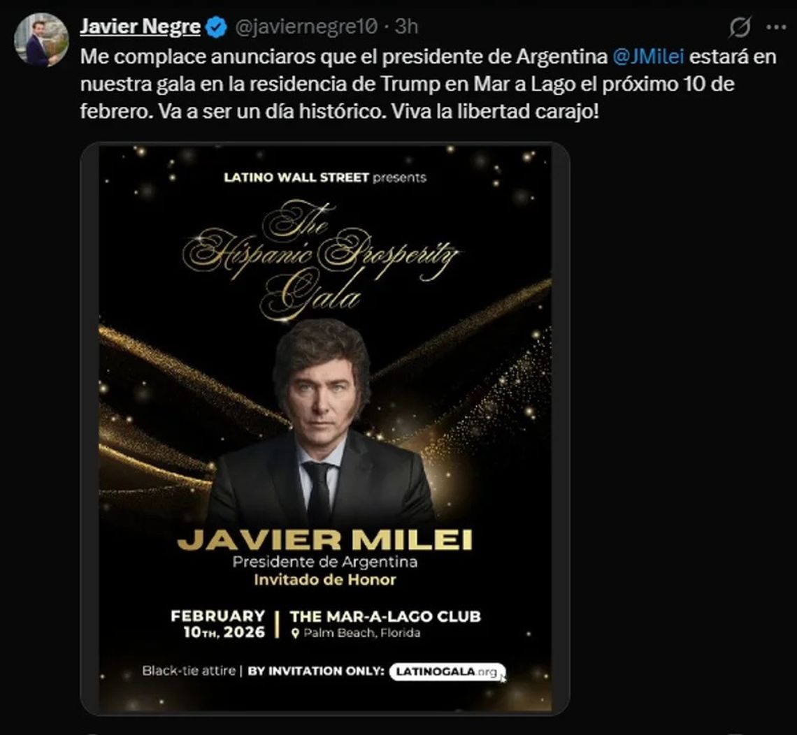 La confirmación de la participación de Milei, por parte del periodista Javier Negre.