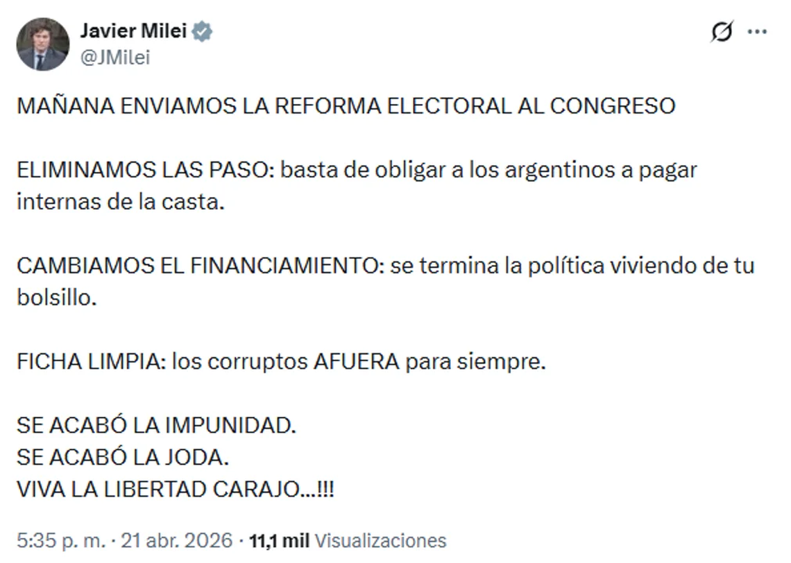 El mensaje de Javier Milei en las redes sociales. 